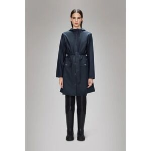 RAINS NEW Curve Long Belted Jacket Navy in Size Large
